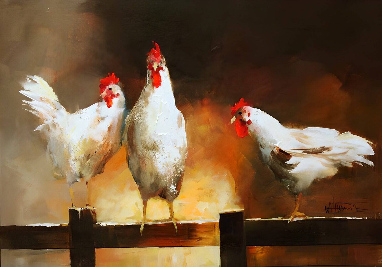 OCUK35317: Three chickens on a gate