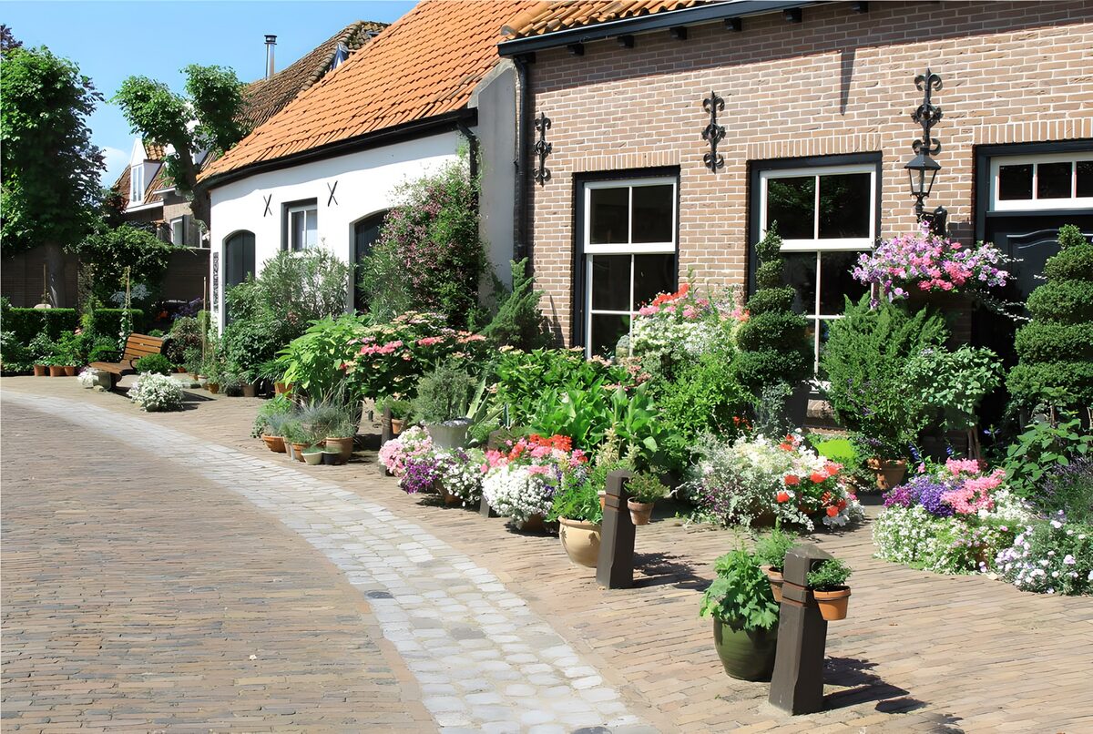 Front garden of house located along the side of a  block paved road