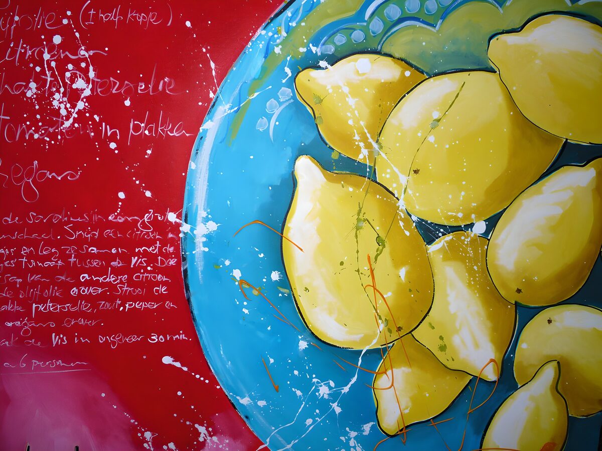 OCUK85817: Vibrant Lemons on a Blue Plate