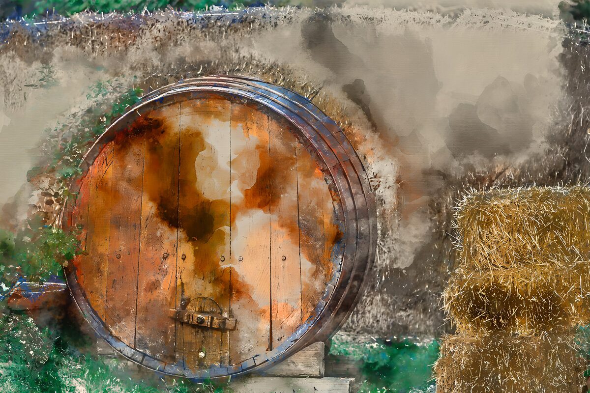 OCUK38939: Rustic Wine Barrel and Hay Bales