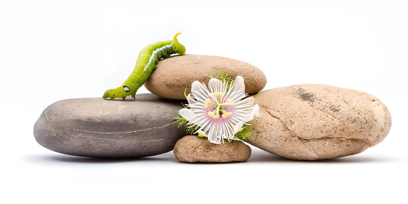 OCUK91087: Green Caterpillar on Stones and Flower