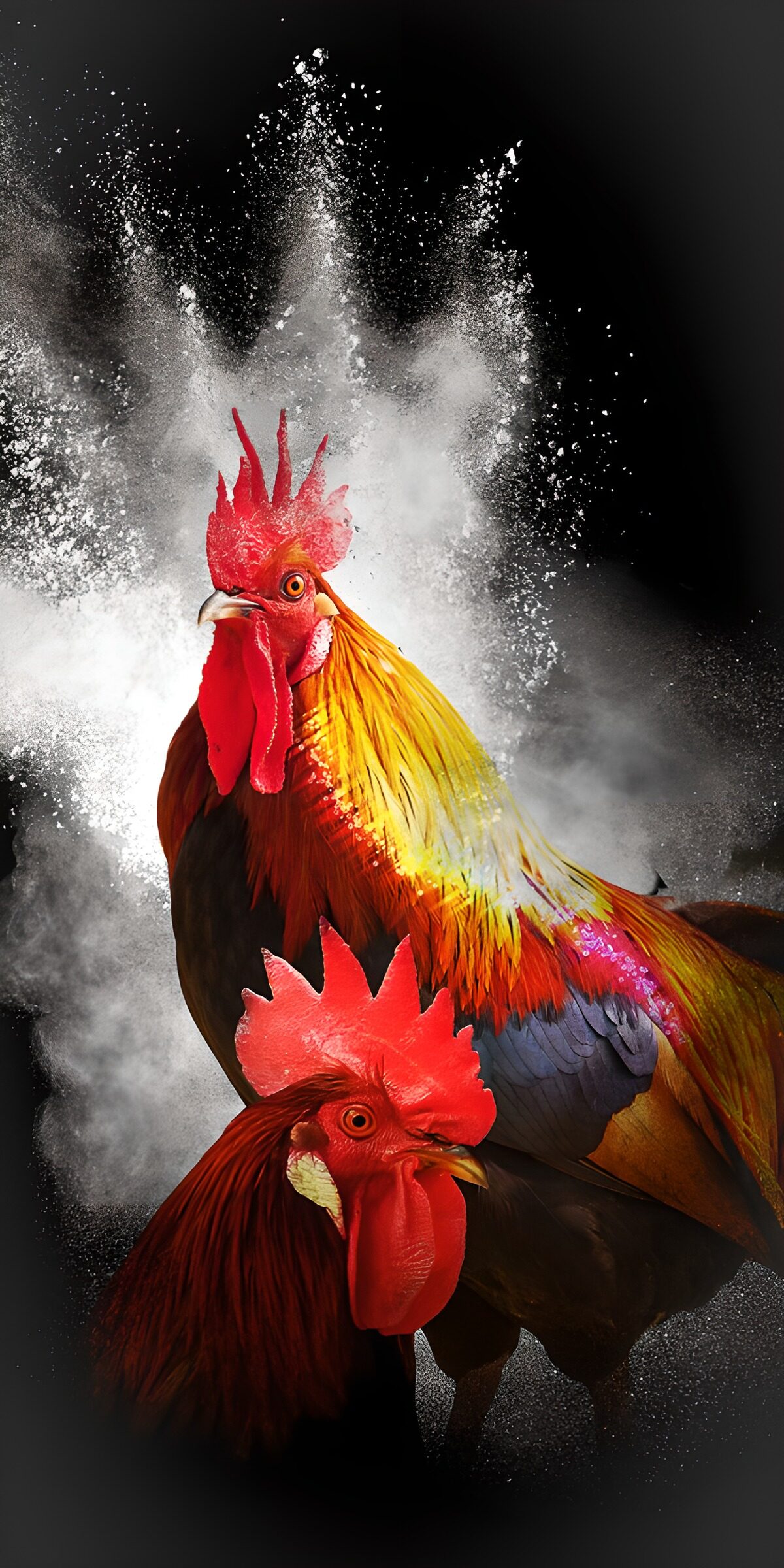 OCUK45498: Vibrant Roosters Against Dark Background