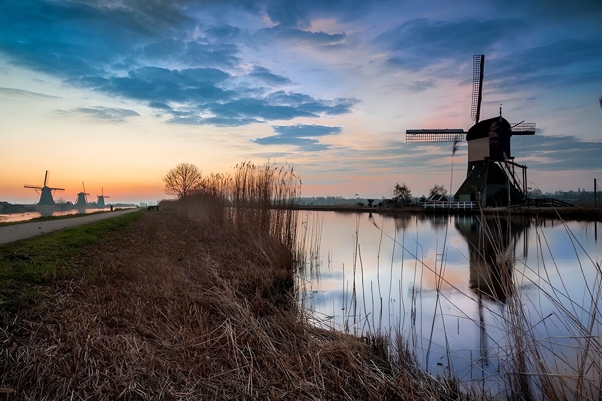 OCUK61896: Tranquil Dutch Windmill at Dusk