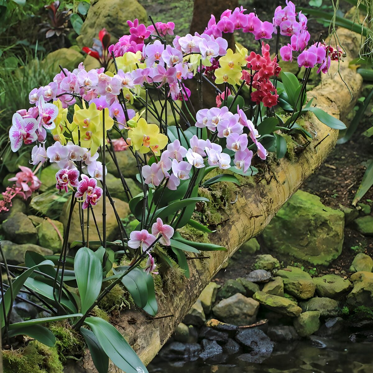 Tree trunk overgrown with orchids above water 2