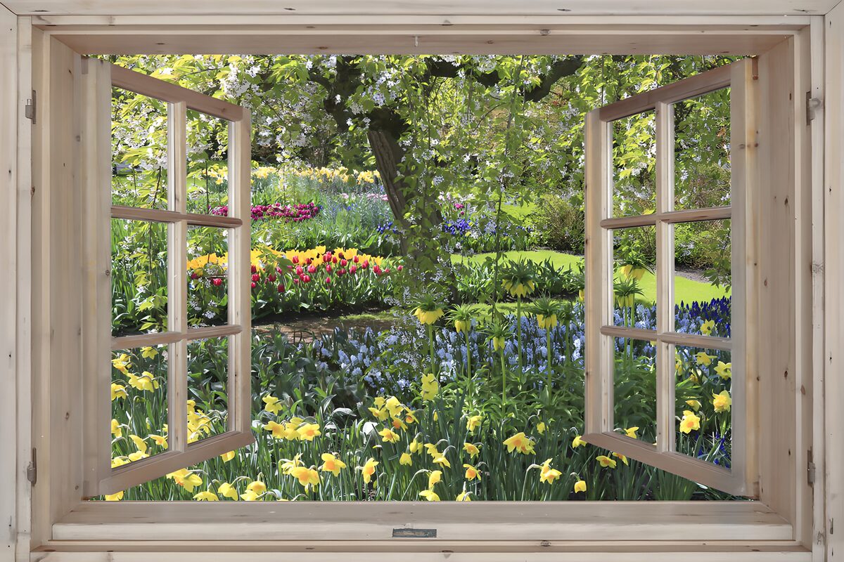 OCUK38562: Vibrant Garden Through a Rustic Window