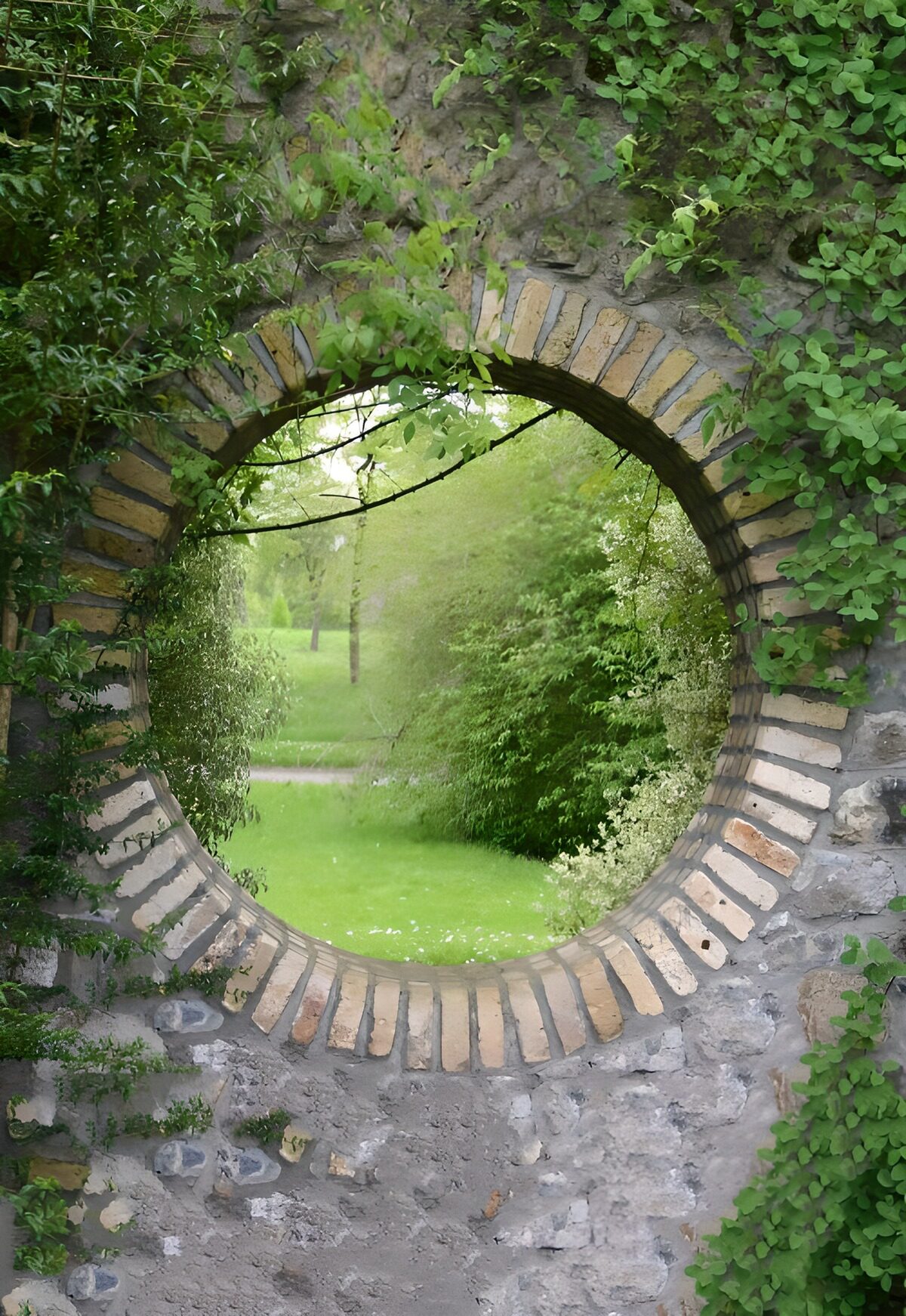 OCUK86601: Round hole in wall with ivy