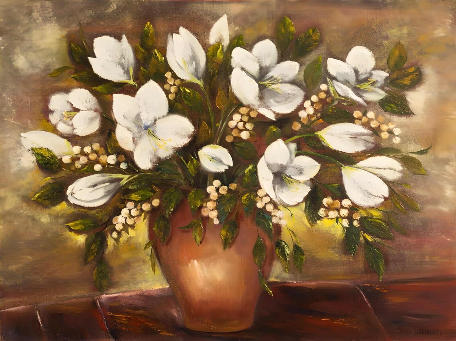 OCUK81820: White Flowers in a Rustic Pot