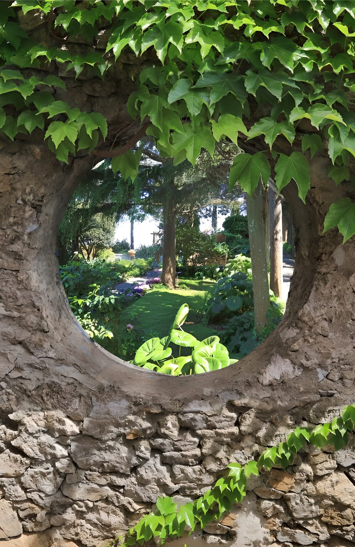 OCUK87004: Round hole in brick wall covered with ivy