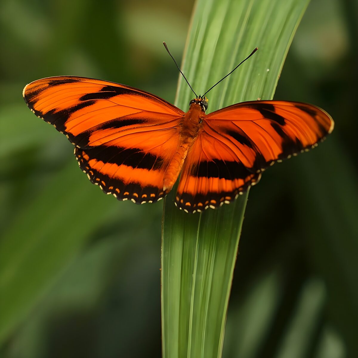 OCUK11341: Vibrant Orange Butterfly on Green Leaf