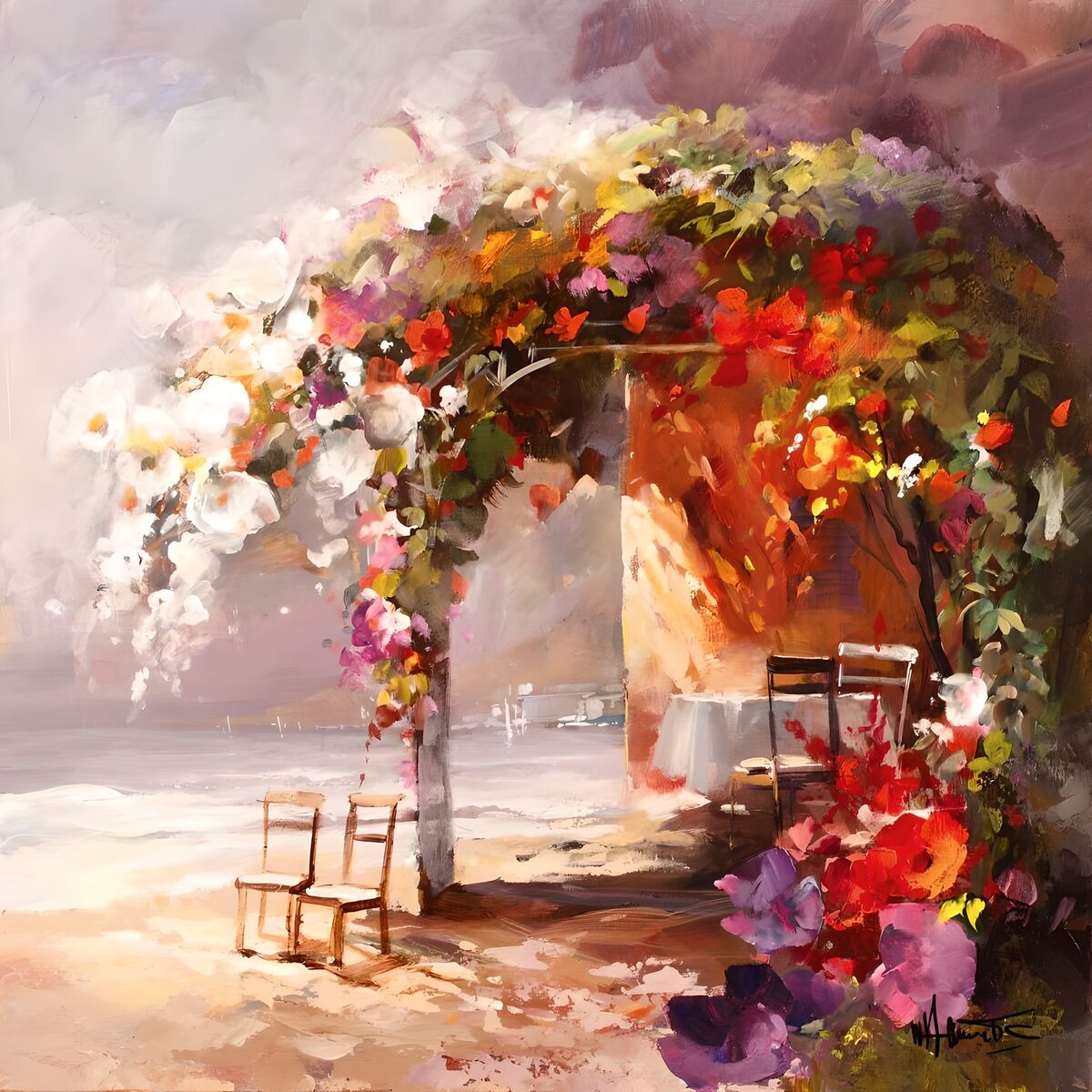 OCUK96093: Painted canvas Garden house with flowers, chairs. View over the sea