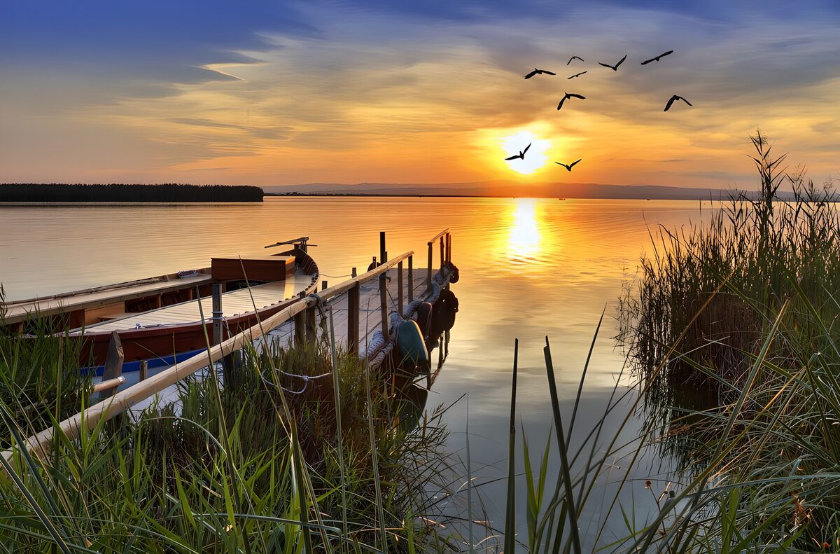 Flock of birds at sunset with a lake and a boat
