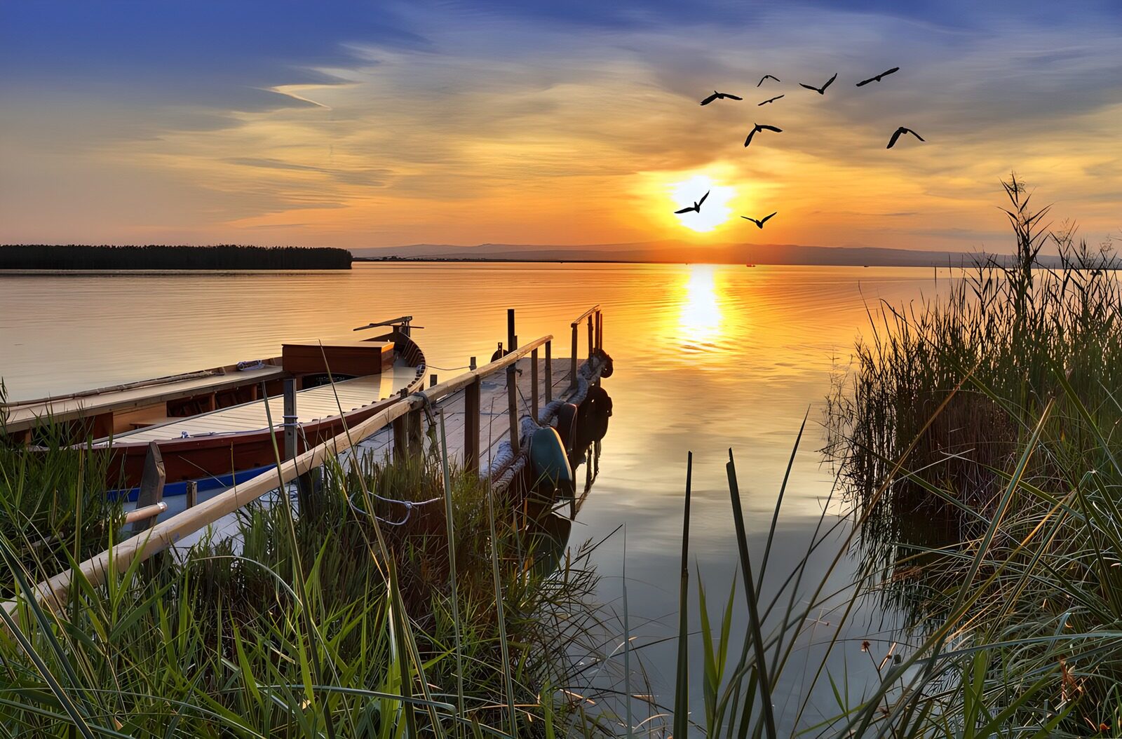 OCUK10365: Flock of birds at sunset with a lake and a boat