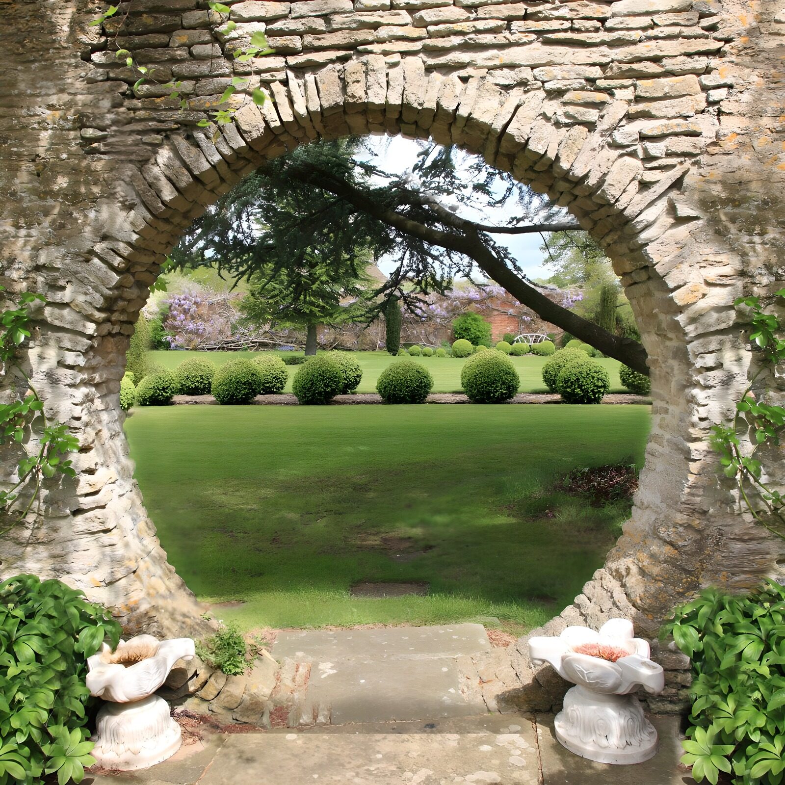 OCUK11893: Round wall with view at beautiful garden