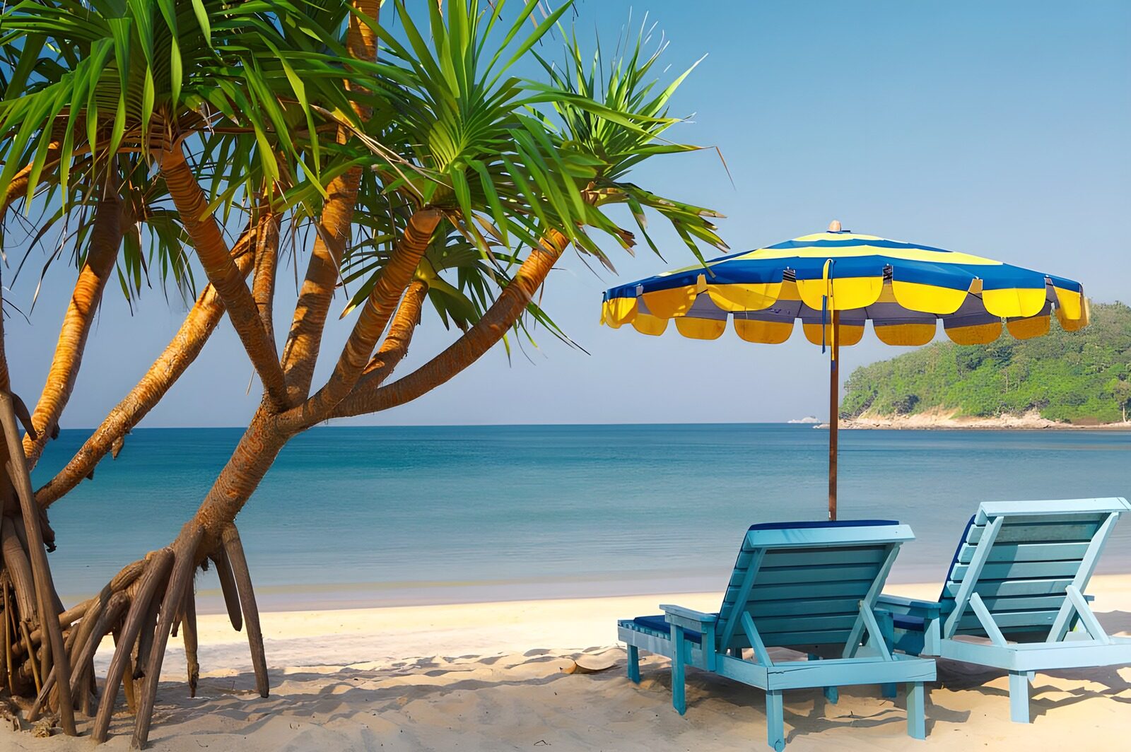 OCUK97581: Tropical tree on the beach with umbrella and blue loungers