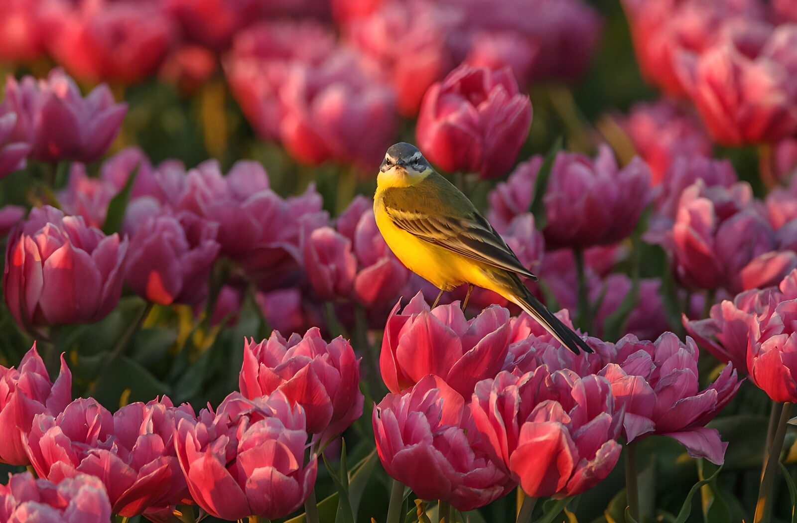 OCUK45604: Elegant Bird Amidst Blooming Tulips