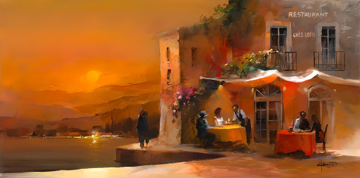 OCUK51389: Painted canvas. Spanish restaurant with a romantic terrace version 2