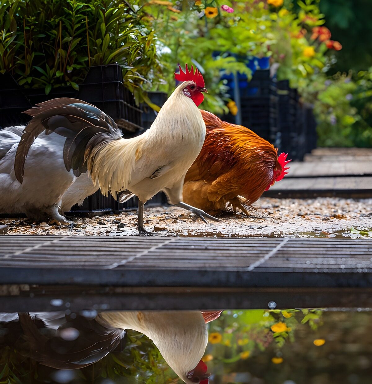 OCUK21078: Roosters in a Garden