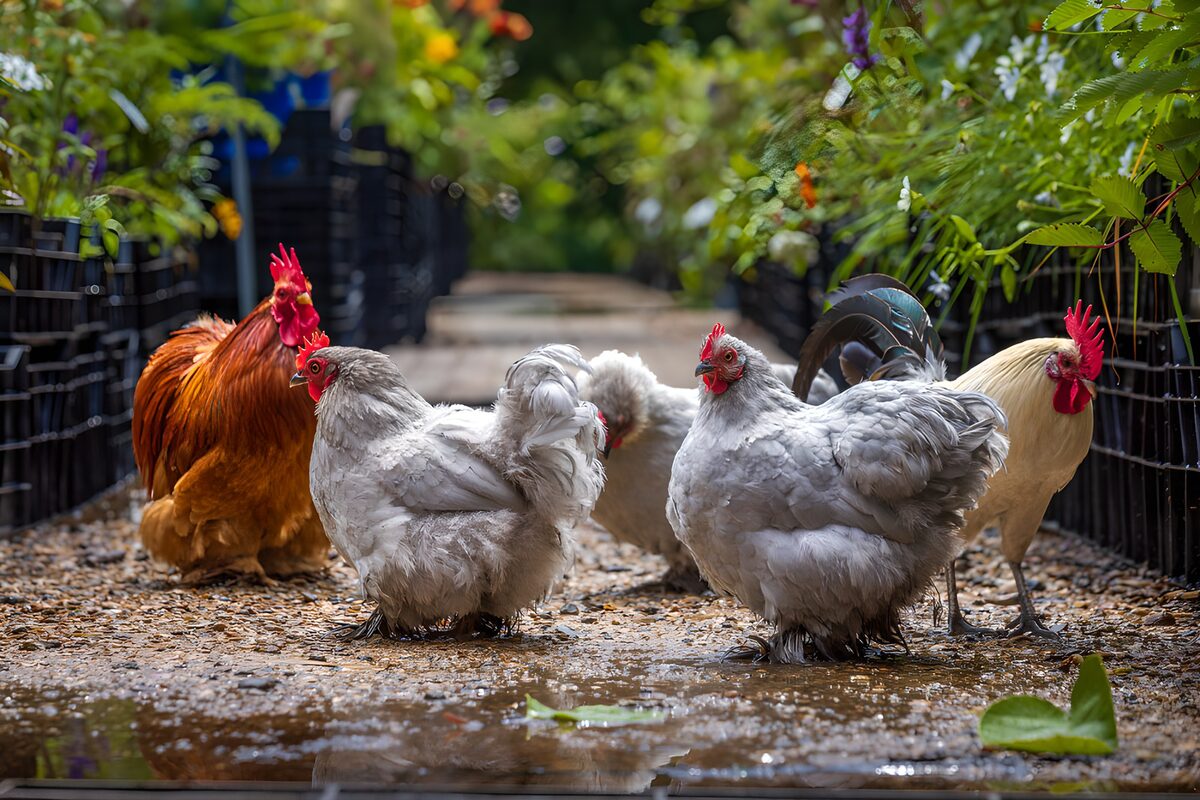 OCUK23858: Backyard Chickens in a Garden Path
