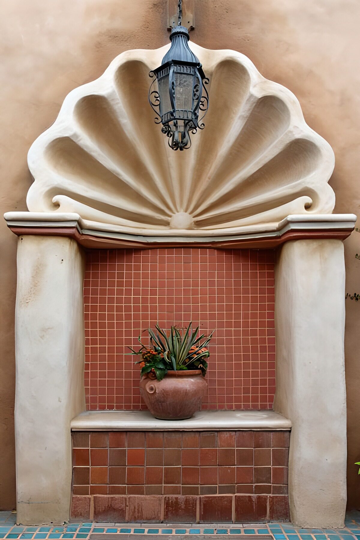 OCUK45386: Fountain with mosaic and lantern and flower pot