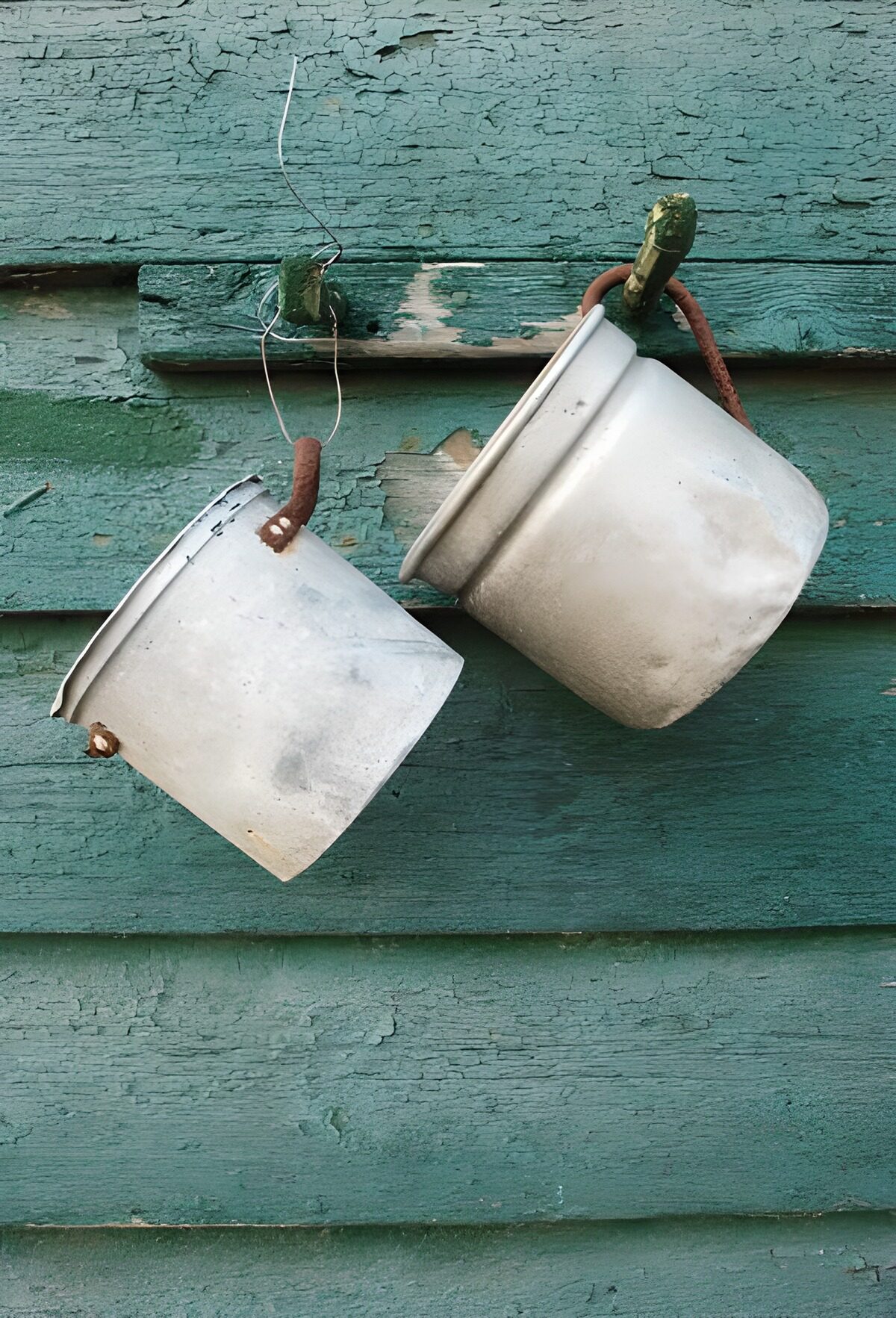 OCUK42999: Two pots hanging on a green wall