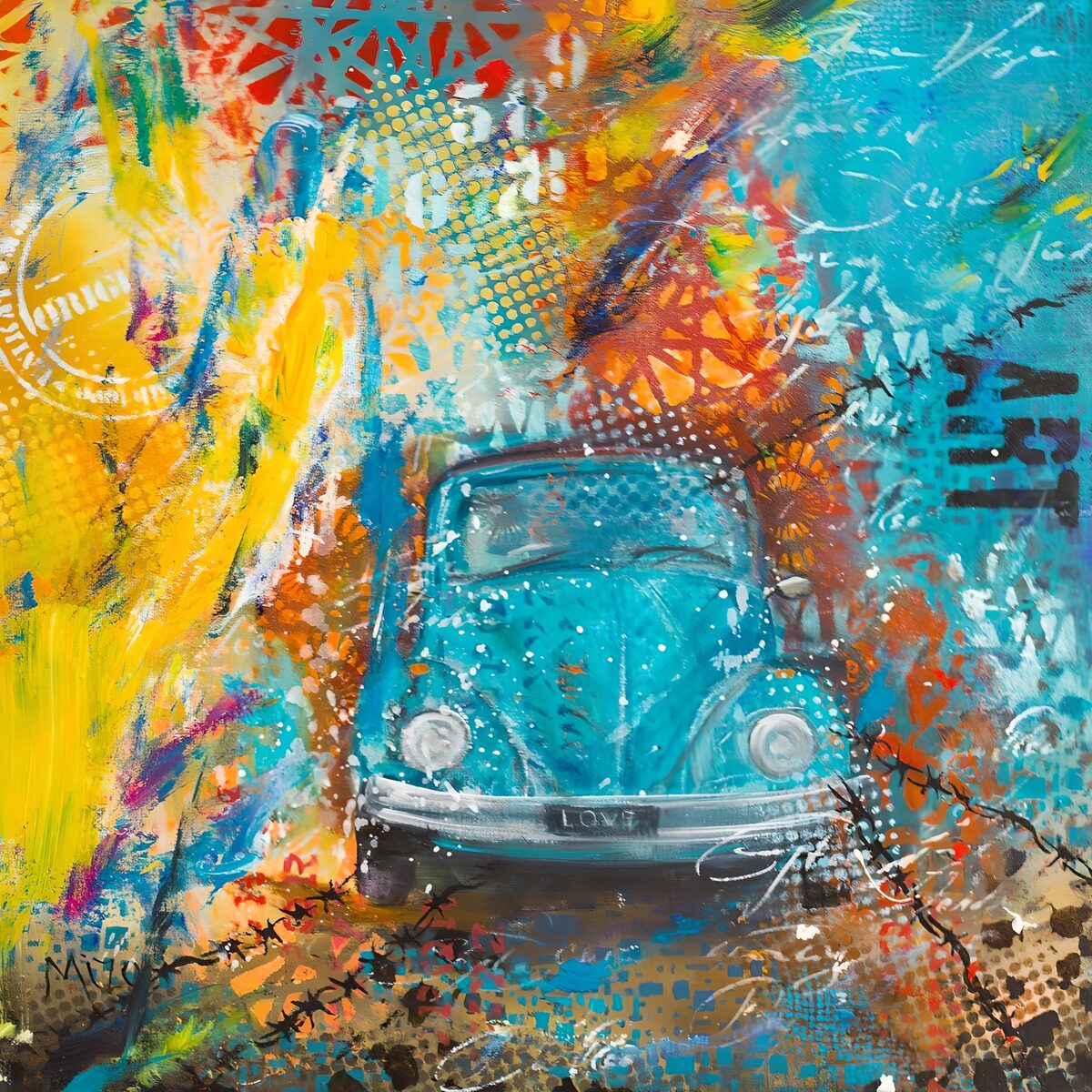 OCUK51811: Vibrant Blue Beetle in Artistic Chaos