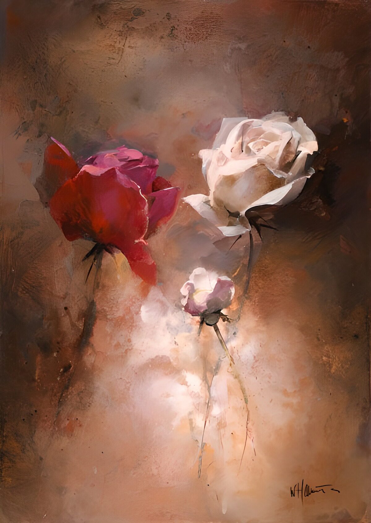 OCUK15494: Painted canvas with white and red rose version 2