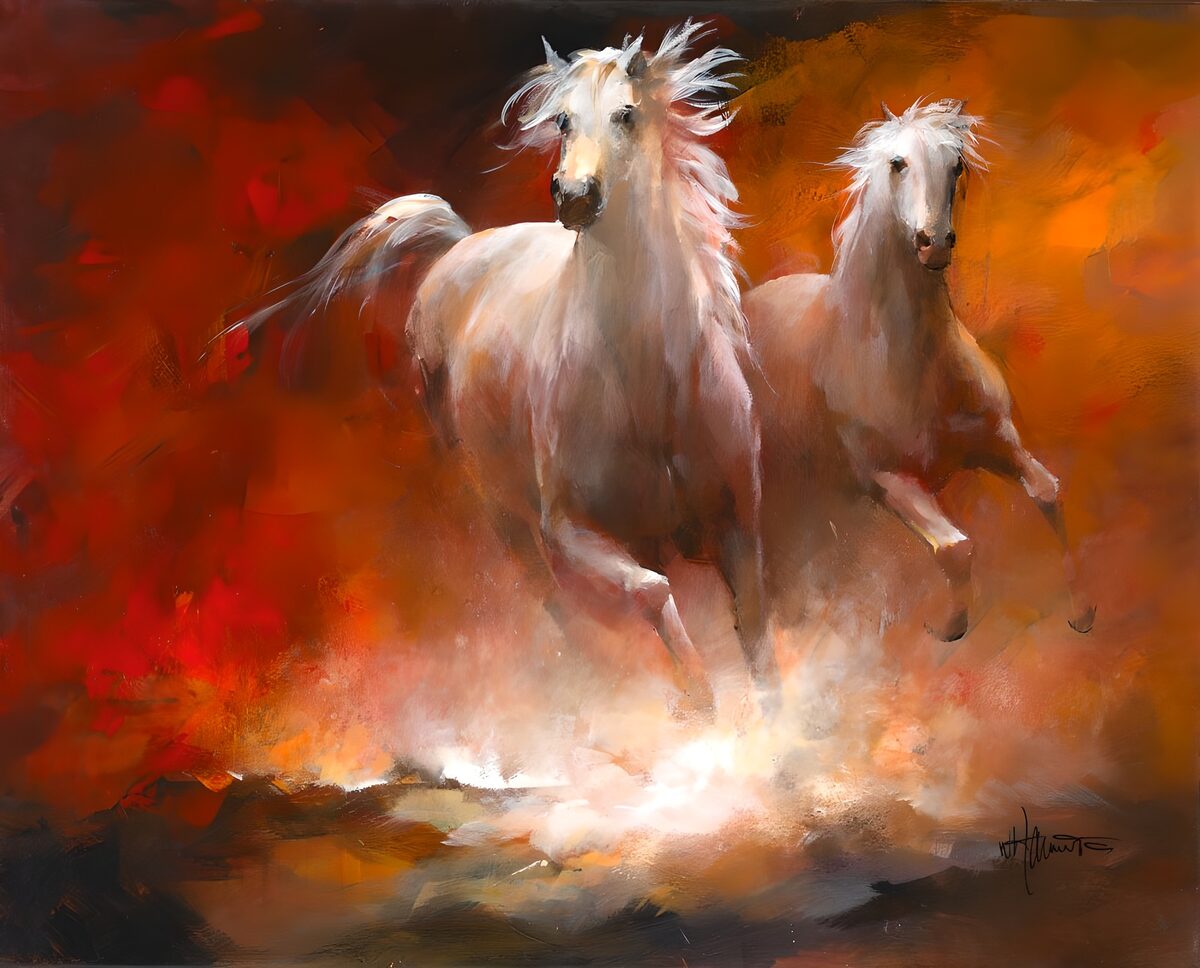 Painted canvas. Galopping horses