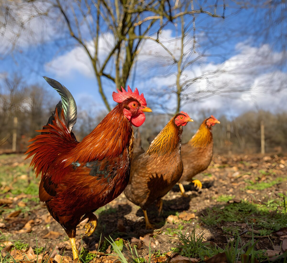 OCUK64999: Colorful Roosters in the Countryside