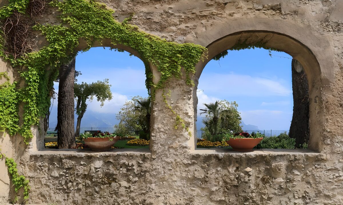 OCUK13347: Two window holes in brick wall, with lookout at blue sky