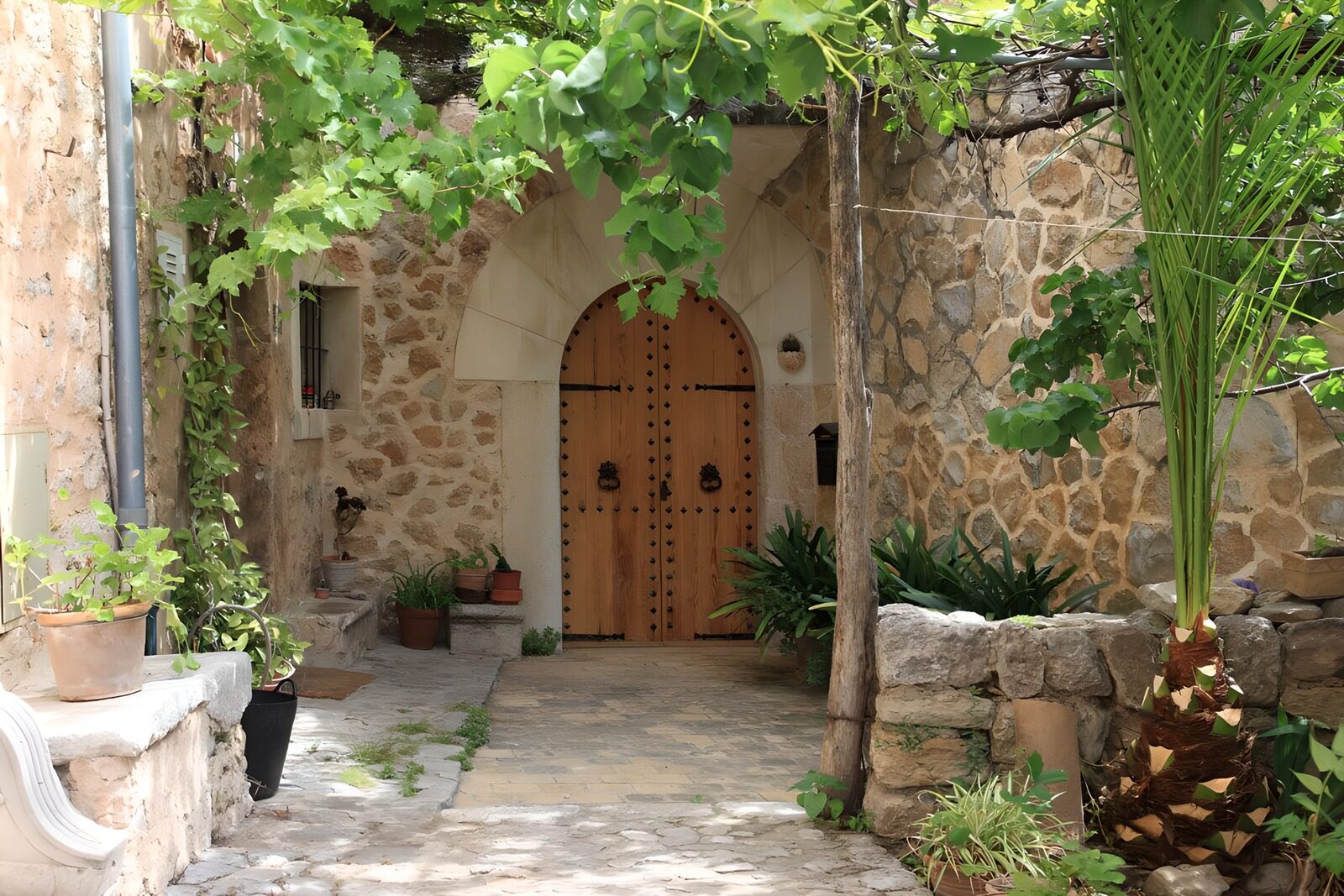 OCUK83178: Medieval door with a pergola overgrown with grapes