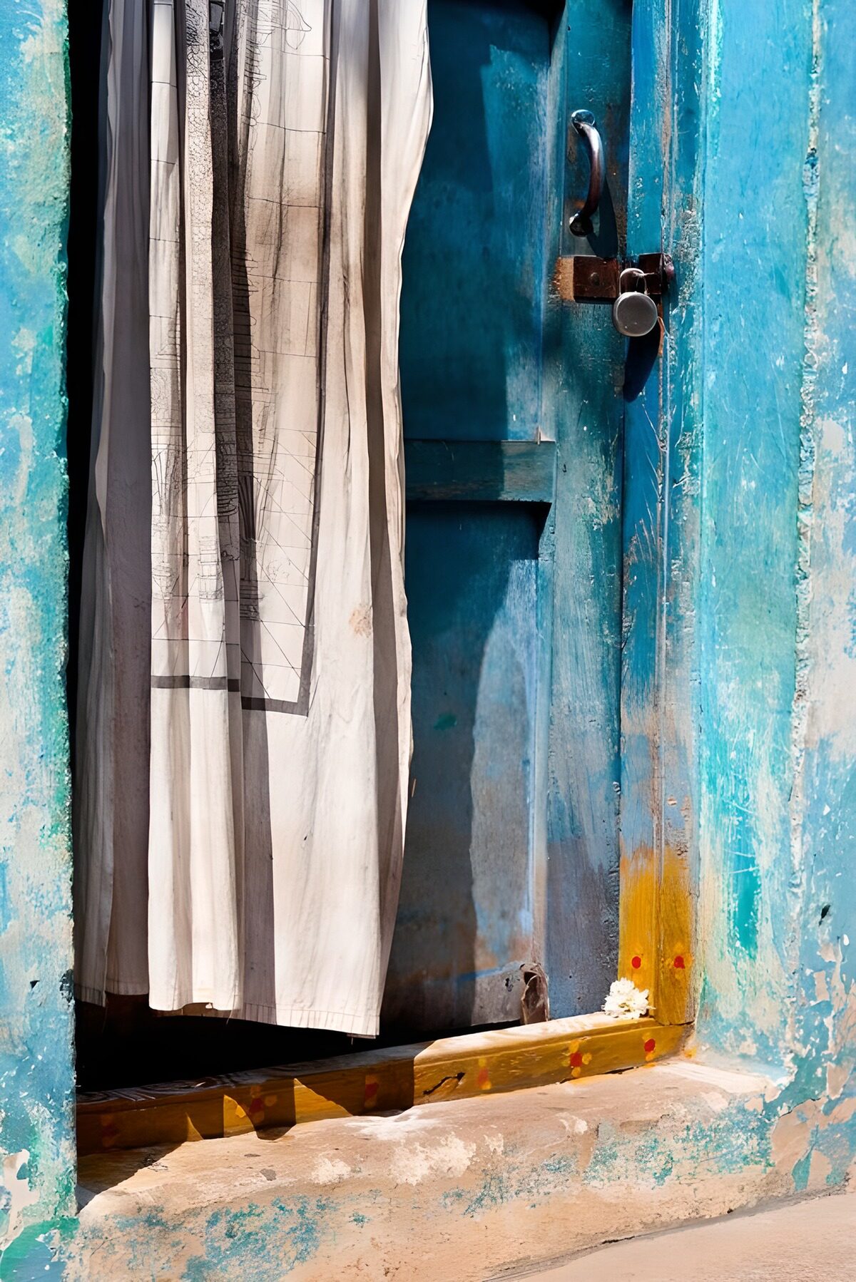 OCUK68245: Rustic Blue Door with Curtain