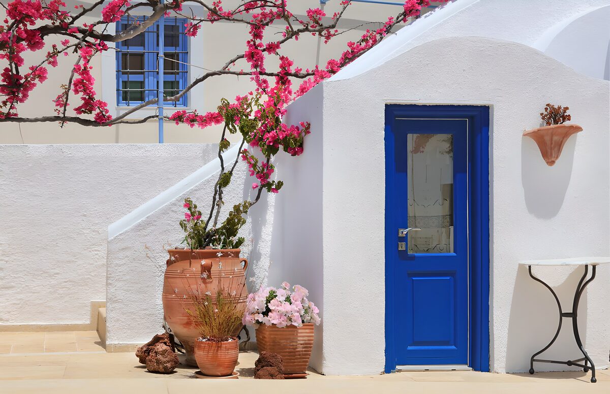 Charming Whitewashed Doorway in Bloom