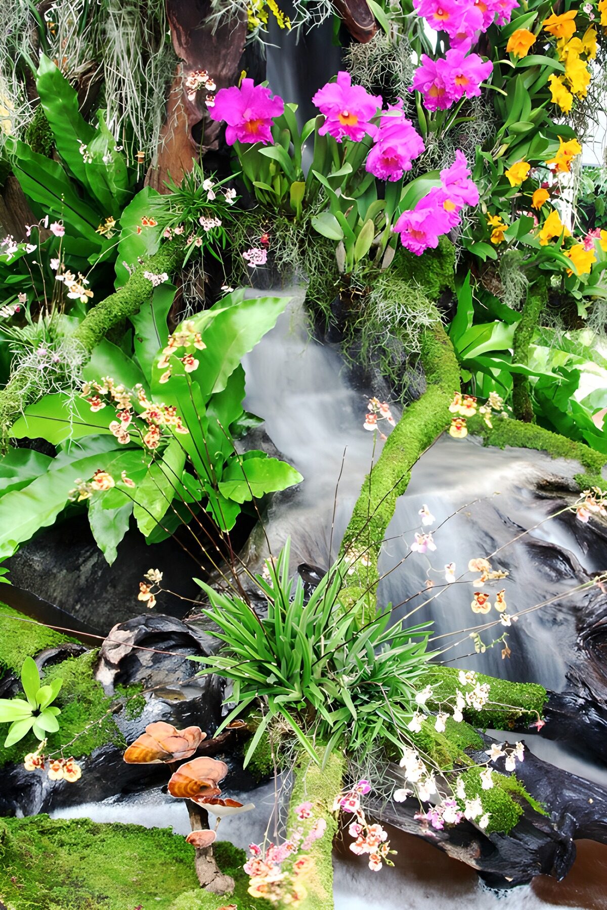Tropical Oasis with Waterfall and Blooms