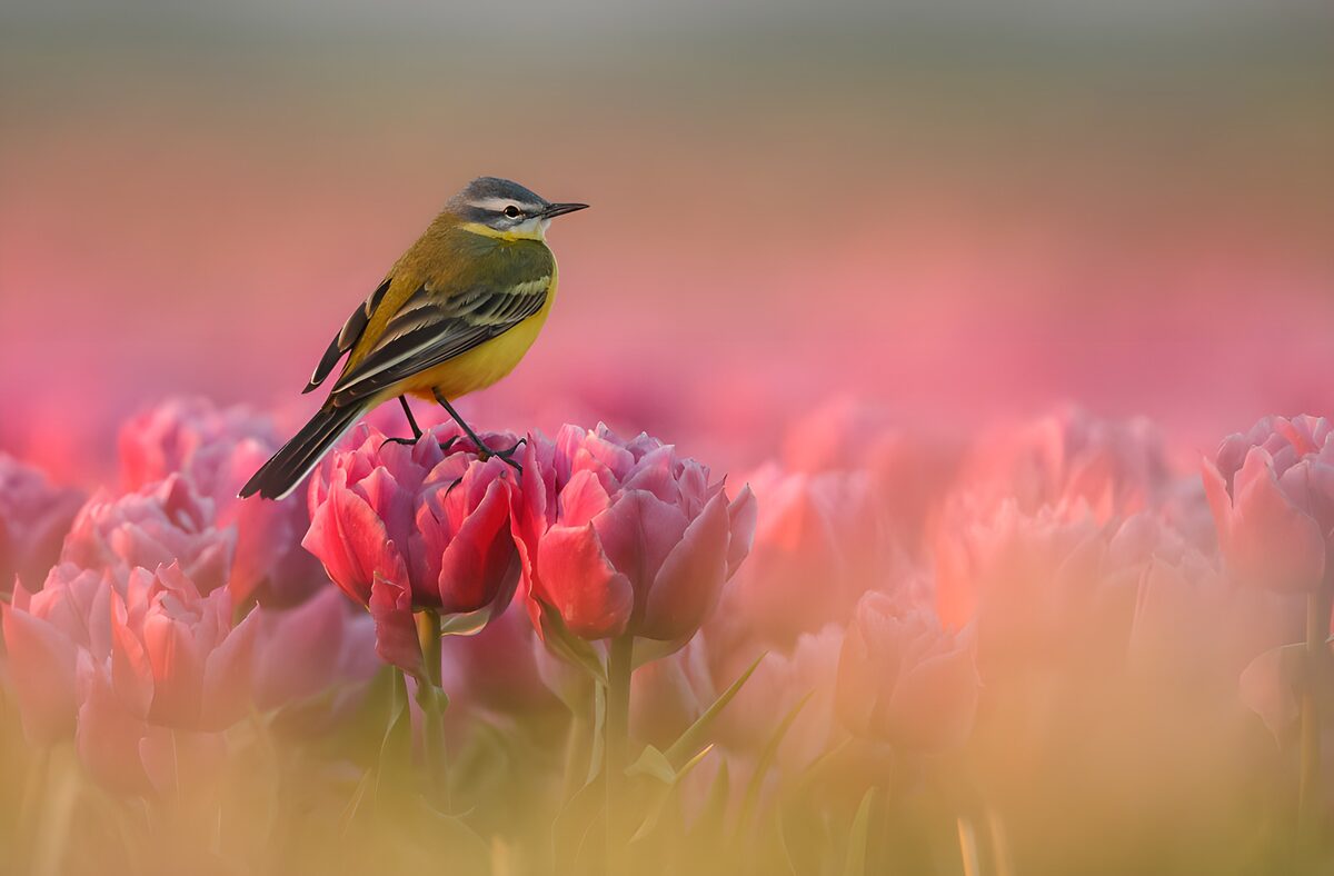 OCUK58227: Bird Among Tulips in Spring Bloom