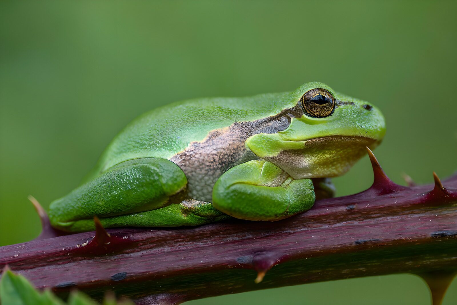 OCUK16636: Resting Green Frog on a Thorny Stem