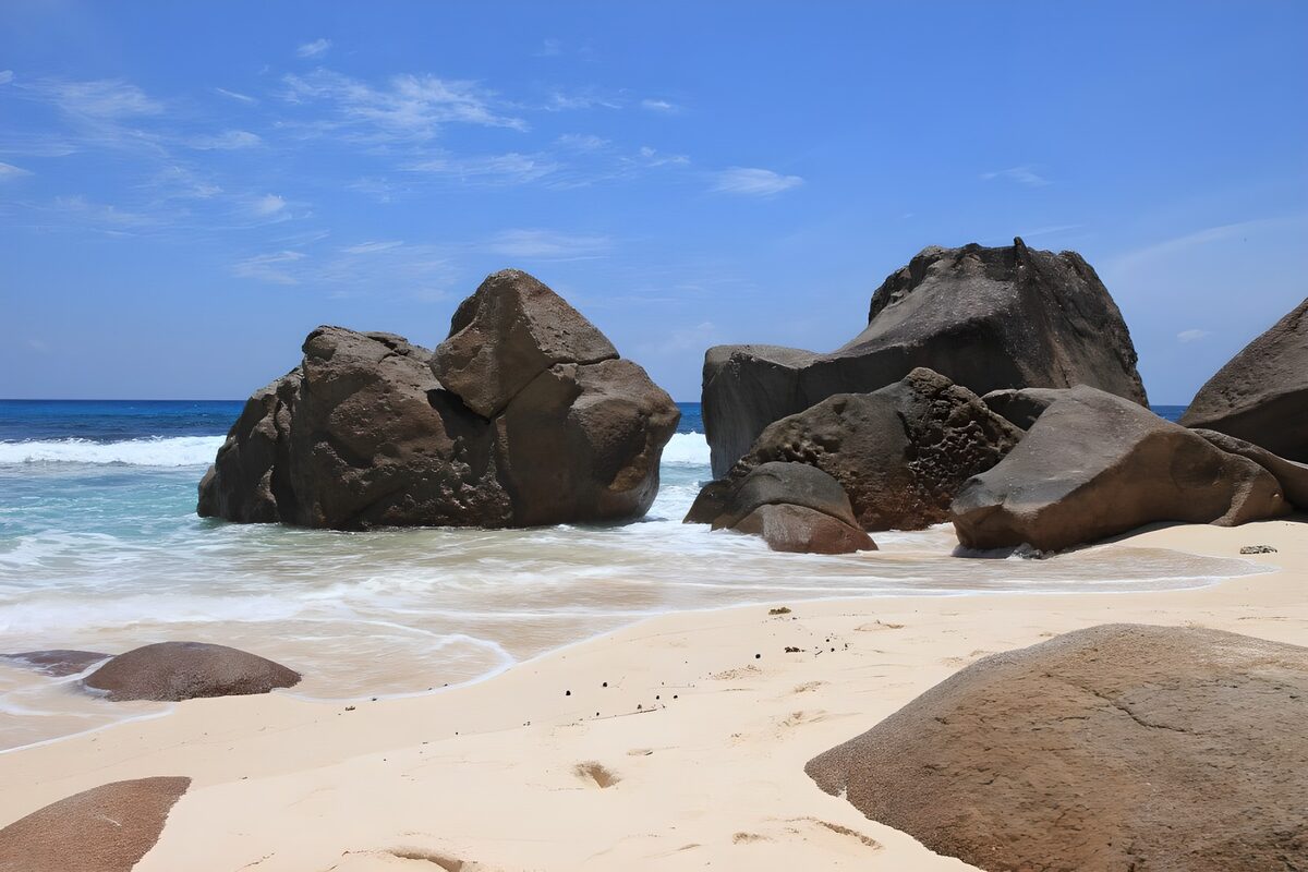 OCUK32122: Serene Beach with Rocky Outcrops