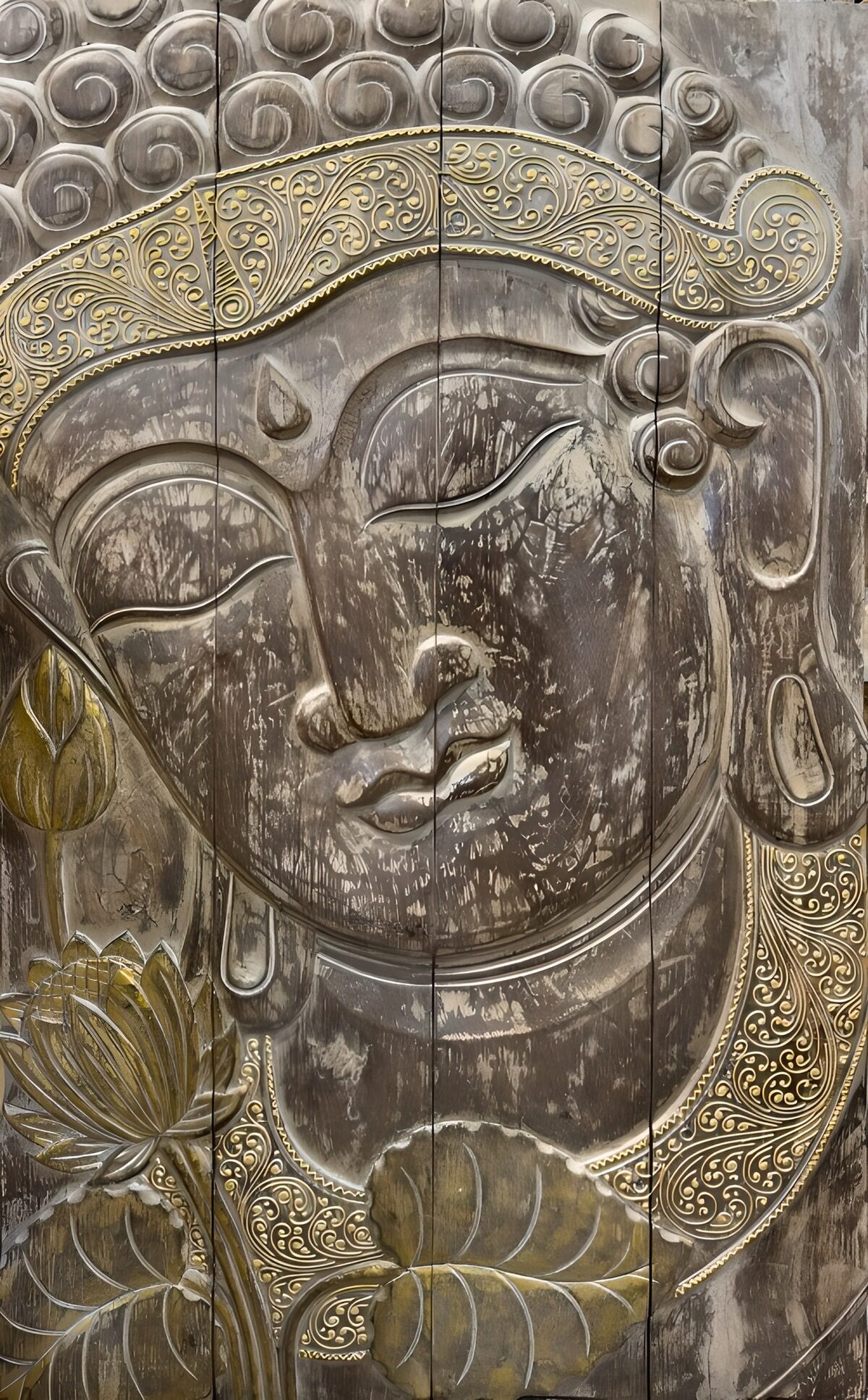 OCUK28435: Serene Buddha Relief with Golden Details