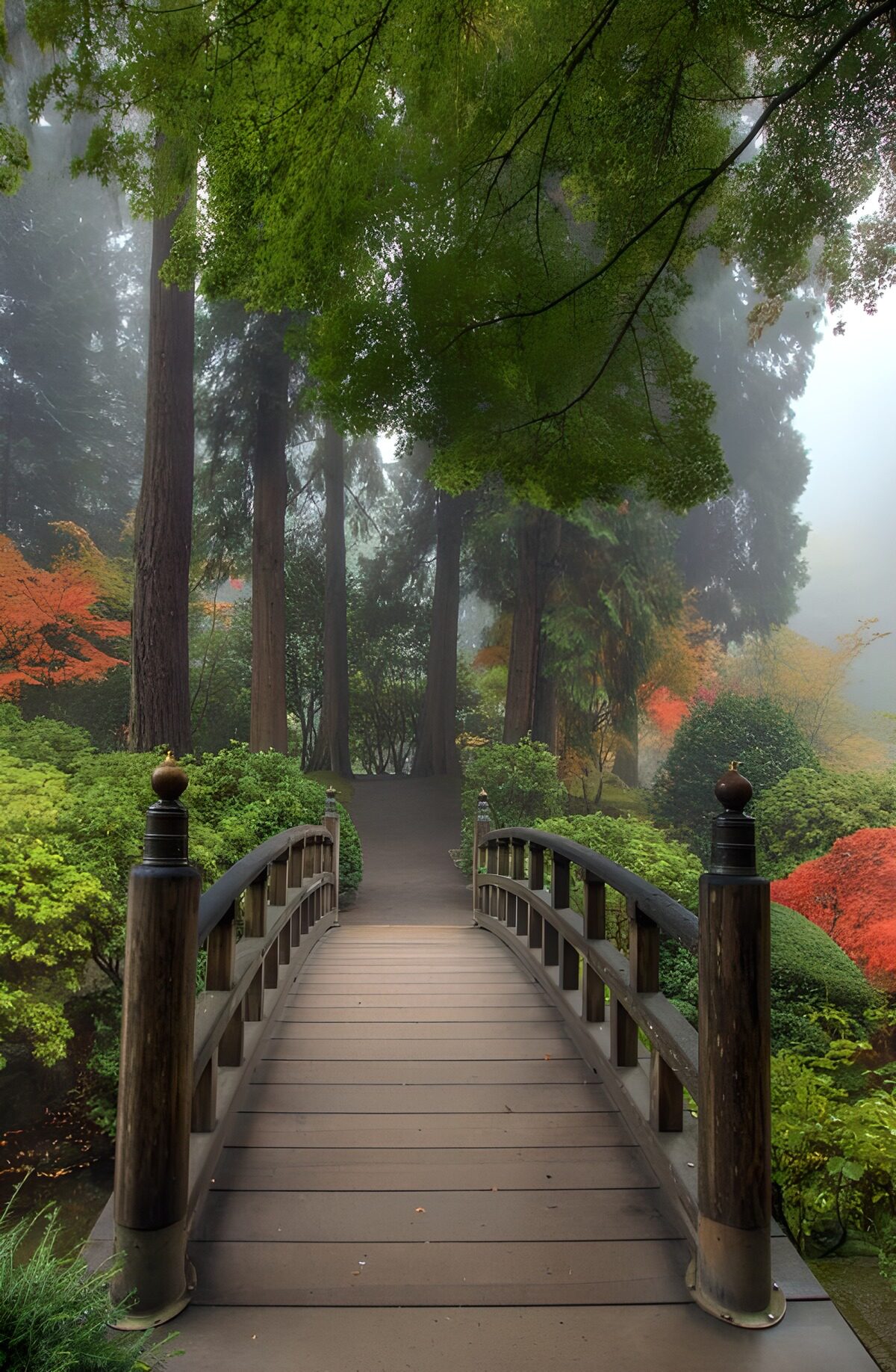 OCUK92561: Tranquil Bridge in a Misty Garden