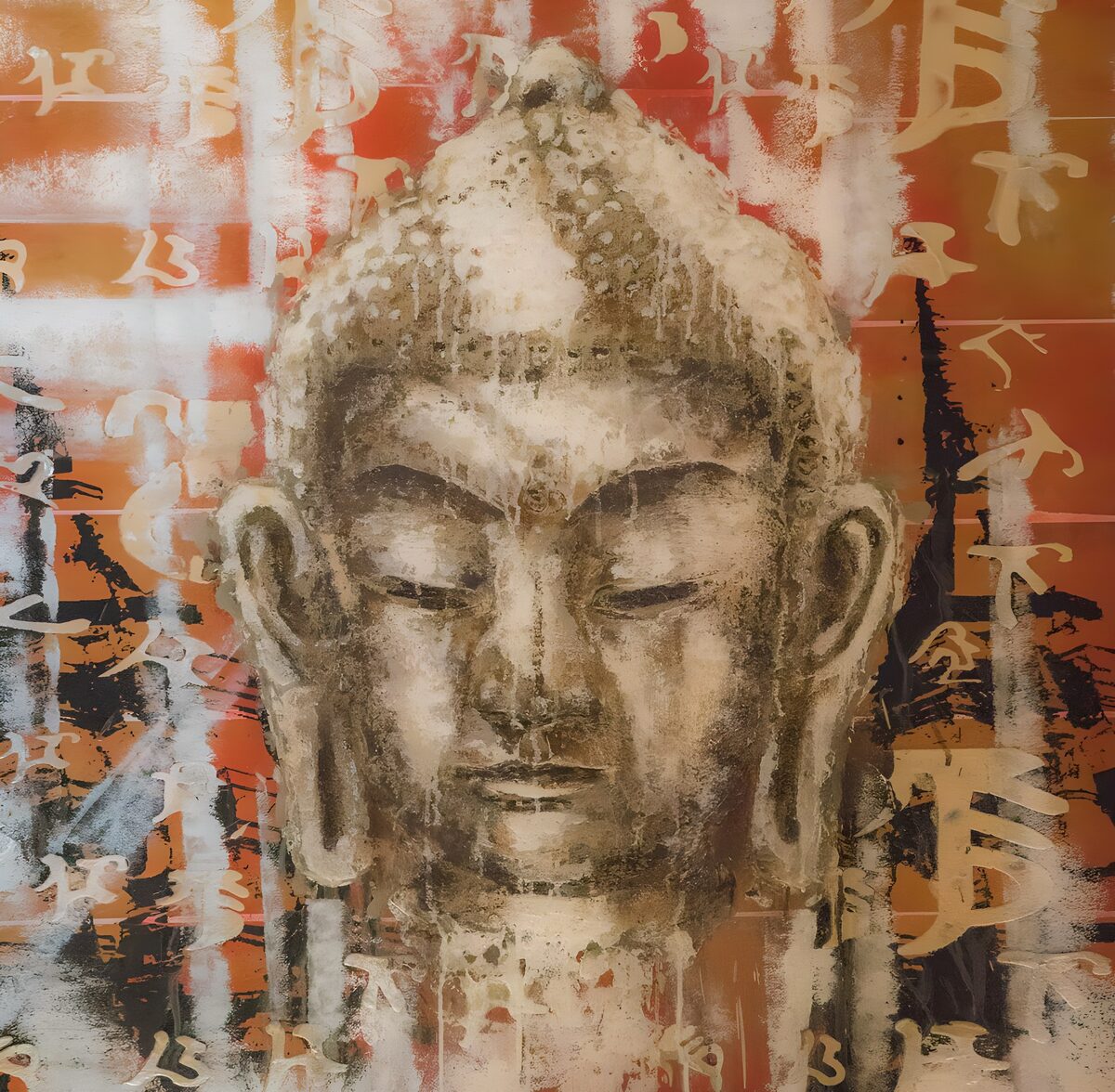 Serene Buddha Amidst Abstract Symbols