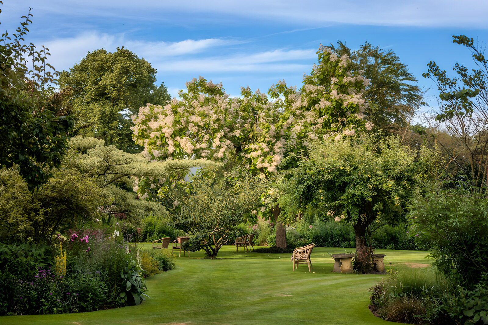OCUK43805: Sunlit Garden with Benches and Trees