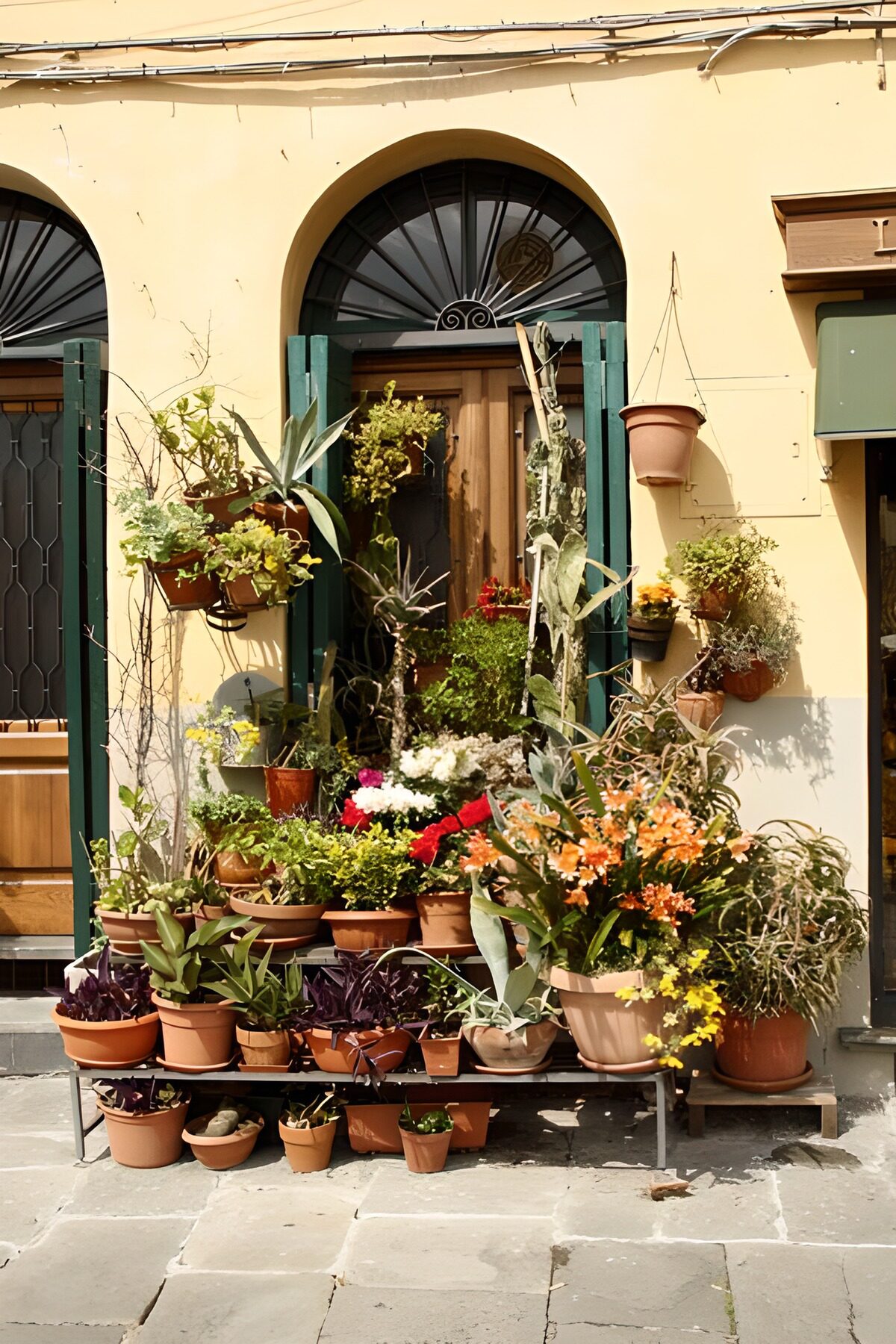 Display of plants and flowers next to the door of the shop