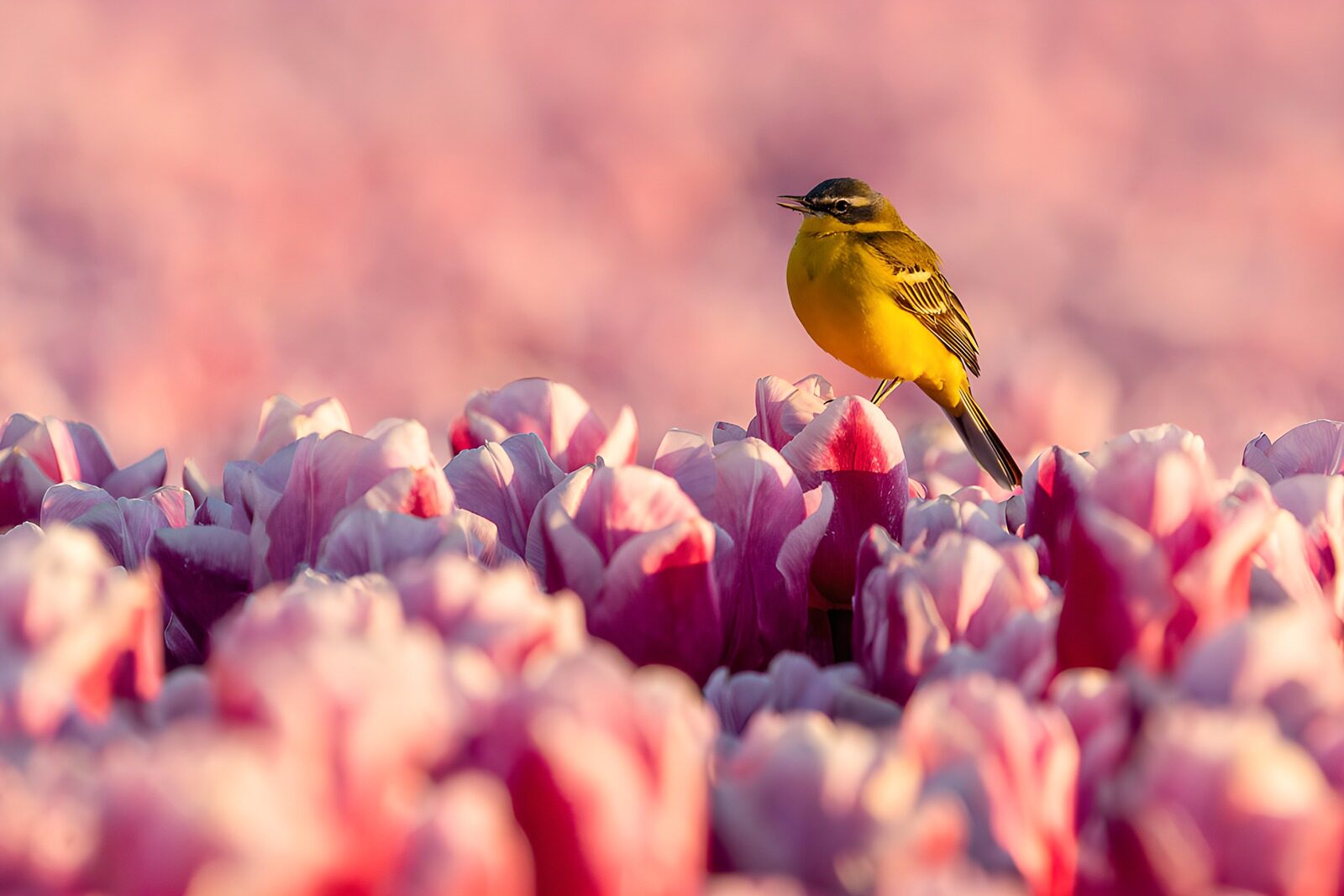 OCUK23326: Yellow Bird Amidst Pink Tulips