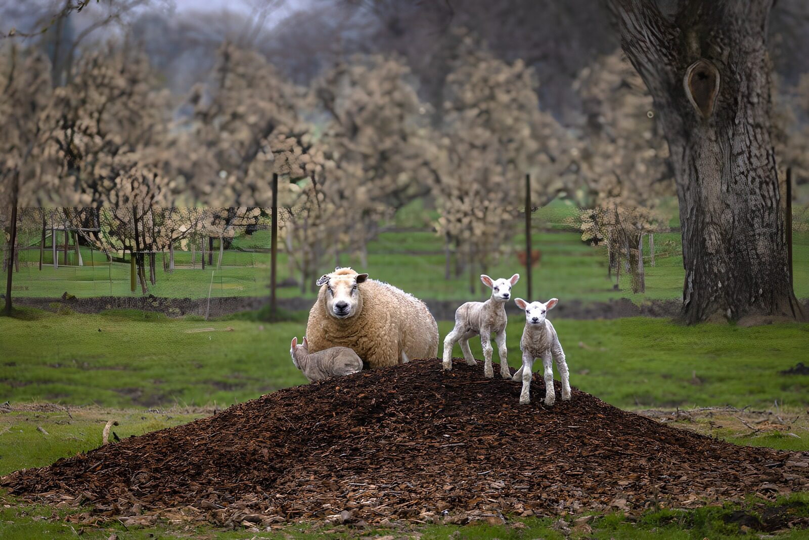 OCUK55789: "Sheep and Lambs on a Wood Chip Hill"