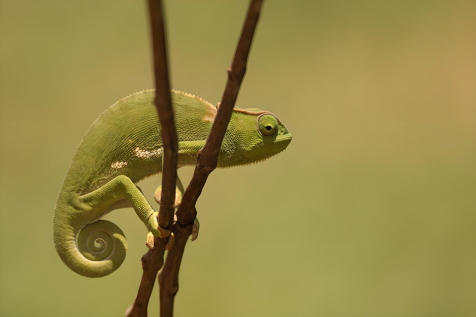 OCUK25943: Vibrant Green Chameleon Climbing