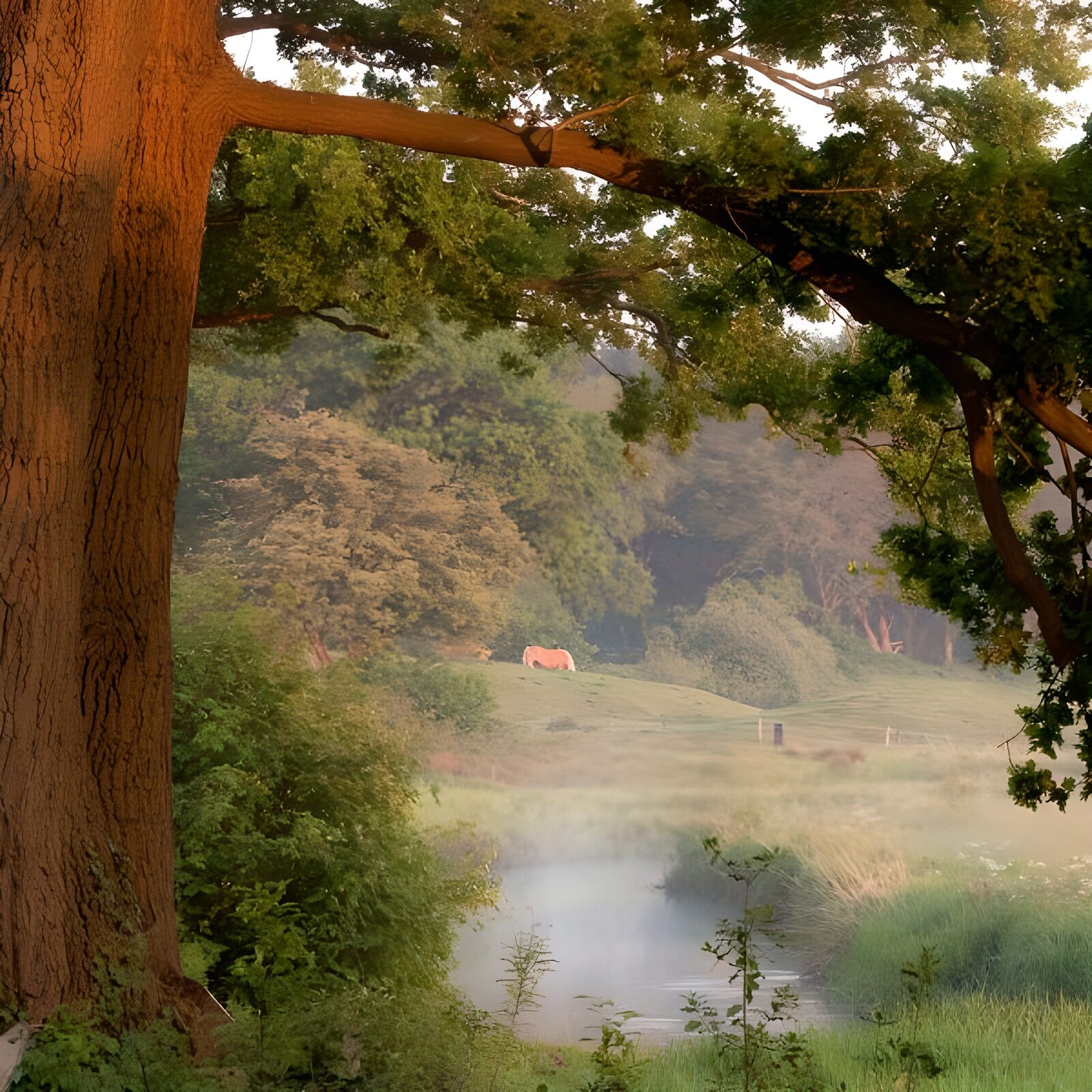 OCUK25310: View past tree  towards horse  with misty stream