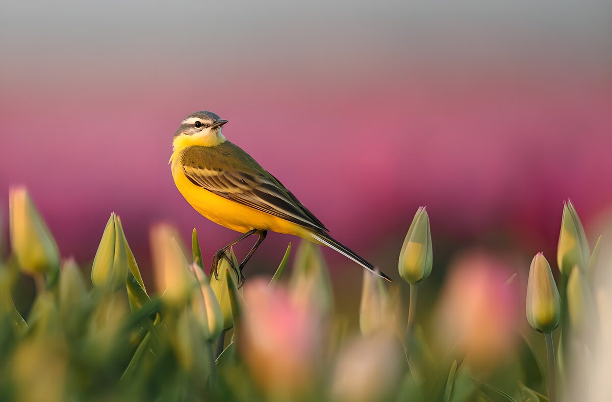 OCUK13041: Vibrant Yellow Wagtail Among Tulips