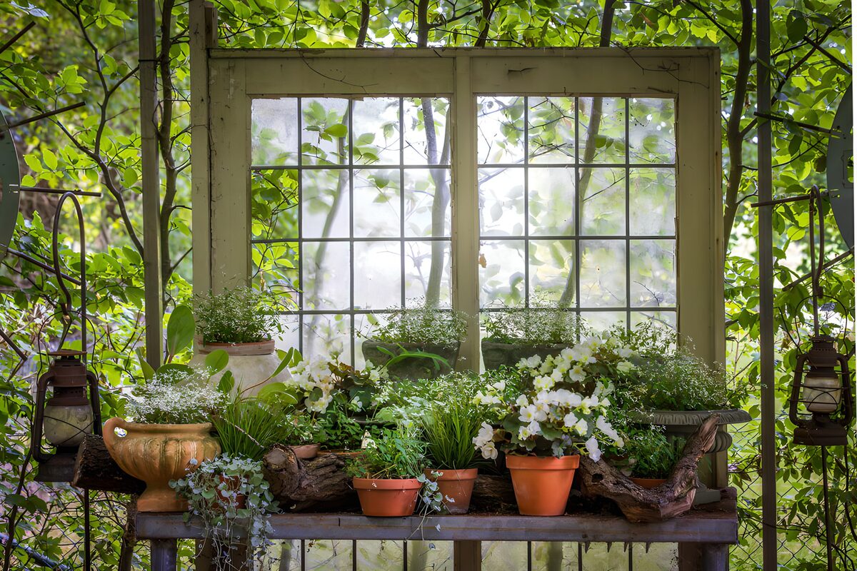 OCUK48880: Rustic Potting Bench with Lush Greenery