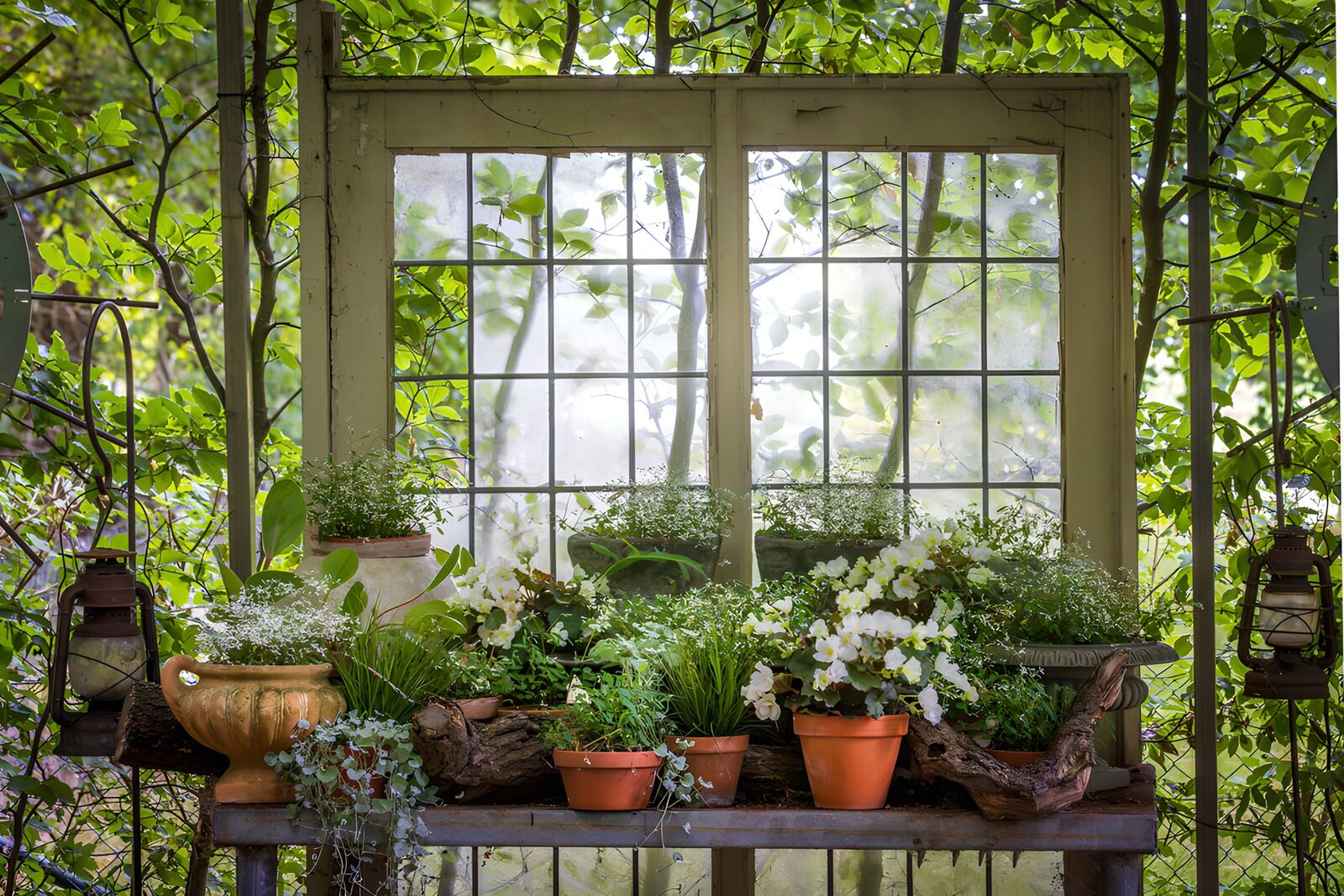 OCUK48880: Rustic Potting Bench with Lush Greenery